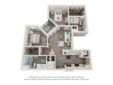Floor plan for 2 beds, 2 baths, 1034 sqft